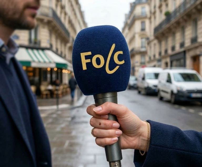 A person is interviewed off camera by a woman holding a microphone bearing the Folc logo